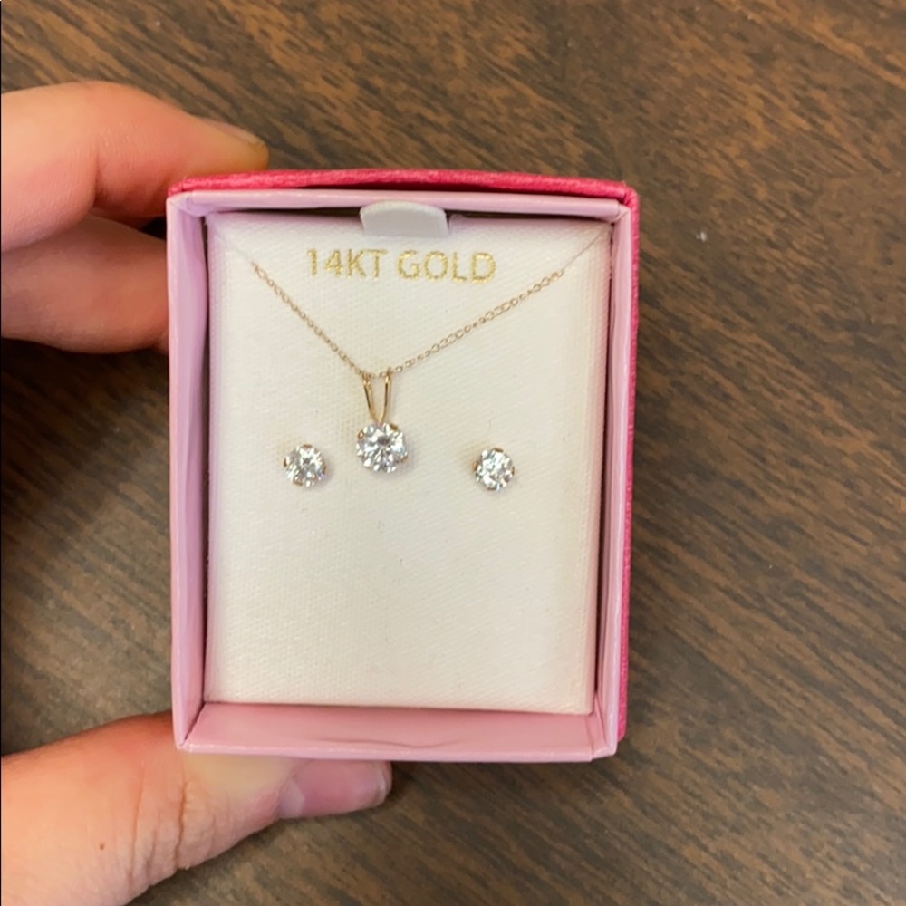 14kt gold & CZ necklace and studs